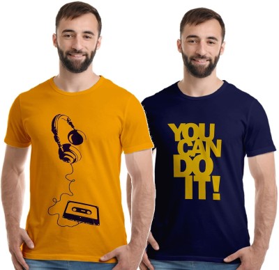 Boodbuck Graphic Print Men Round Neck Dark Blue, Gold T-Shirt