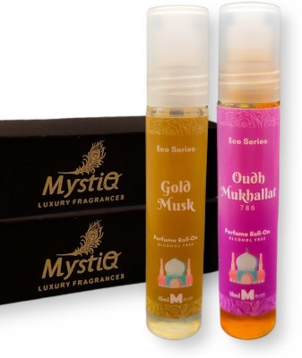 MYSTIQ Perfume Roll-on | Pack of 2 (15ml each) | Eco Series | Oudh Mukhallat 786 | Gold Musk | Alcohol Free Concentrated Long Lasting Attar | Fresh & Woody Perfume Combo | Gift Set Herbal Attar(Oud (agarwood), Gold Musk, Blends (mukhallat))