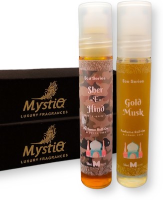 MYSTIQ Perfume Roll-on | Pack of 2 (15ml each) | Eco Series | Gold Musk | Sher-E-Hind | Alcohol Free Concentrated Long Lasting Attar | Tobacco Oudh & Fresh Perfume Combo | Gift Set Herbal Attar(Citrus, Oud (agarwood), Spicy)