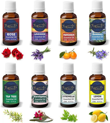 MORIOX Rose Lavender Mandarin Rosemary Tea Tree Eucalyptus Citronella and Lemon Essential Oil -Pack of 8(120 ml)