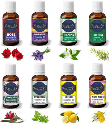 MORIOX Rose Lavender Jasmine Tea Tree Eucalyotus Citronella Lemon and Ylang Ylang Essential Oil - Pack of 8(120 ml)