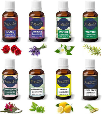 MORIOX Rose Lavender Jasmine Tea Tree Eucalyptus Citronella Lemon and Lemongrass Essential Oil - Pack of 8(120 ml)