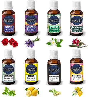 MORIOX Rose Lavender Jasmine Eucalyptus Citronella Lemon Lemongrass and Ylang Ylang Essential Oil - Pack of 8(120 ml)