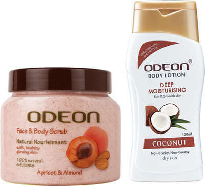 ODEON Deep Moisturizing Coconut Body Lotion with Apricot & Almond Face and Body Scrub(2 Items in the set)