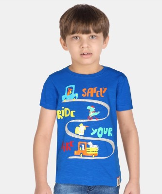 NautiNati Baby Boys Typography, Printed Cotton Blend T Shirt(Blue, Pack of 1)