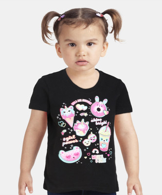 The Children's Place Girls Printed Cotton Blend Regular T Shirt(Black, Pack of 1)