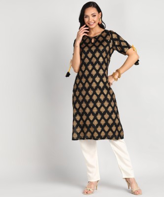 Anmi Printed Women Straight Kurta(Black)