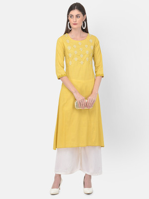 Span Women Embroidered A-line Kurta(Yellow)