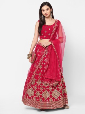 LOGO OF ALPHABET A Embroidered Semi Stitched Lehenga Choli(Red)