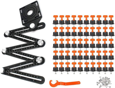 NIKTION 50 Pcs Tile Leveling System Kit and Measuring Ruler Aluminum Alloy Folding Ruler Multi Angle Ruler Ceramic Glass Floor Tile Hole Maker Combo Lever Tool(22 cm)