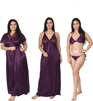 Gwachi Women Robe and Lingerie Set(Purple)