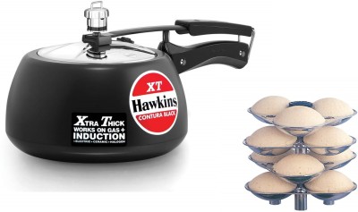 Hawkins Black Contura Cooker with Idli Stand (CXT30+ID12S) Combo 3 L Inner Lid Induction Bottom Pressure Cooker(Hard Anodized, Aluminium)