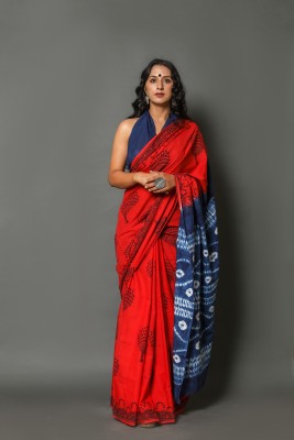 Pallo Latke Blocked Printed Daily Wear Pure Cotton Saree(Red)