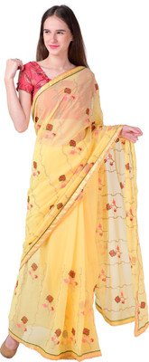 paras designer Embroidered Chanderi Chiffon Saree(Yellow)