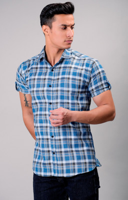 BASE 41 Men Checkered Casual Light Blue Shirt