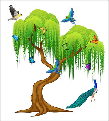 Vijaya enterprises 91 cm Tree birs butterfly peacock painting sticker size (91x105cm) Self Adhesive Sticker(Pack of 1)
