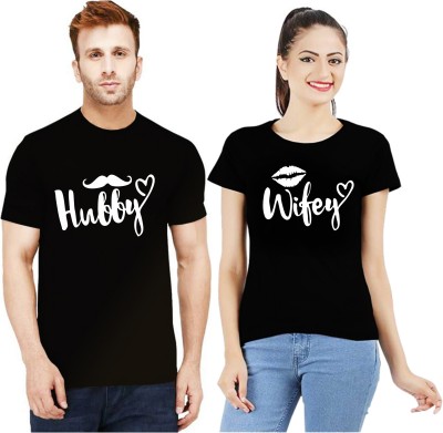 Uniplanet Store Graphic Print Couple Round Neck Black T-Shirt