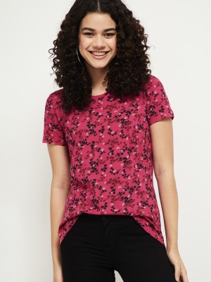 MAX Printed Women Round Neck Pink T-Shirt