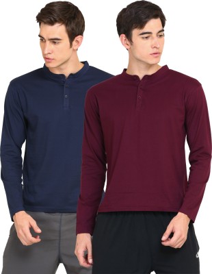 Ap'pulse Solid Men Mandarin Collar Maroon, Navy Blue T-Shirt