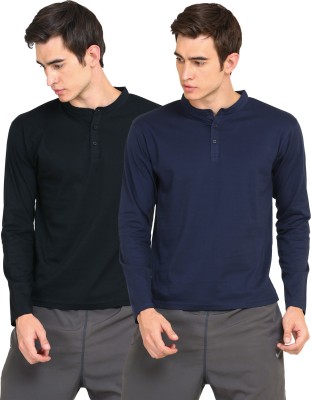 Ap'pulse Solid Men Mandarin Collar White, Navy Blue T-Shirt