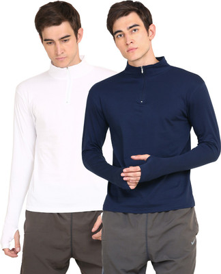 Ap'pulse Solid Men High Neck White, Navy Blue T-Shirt