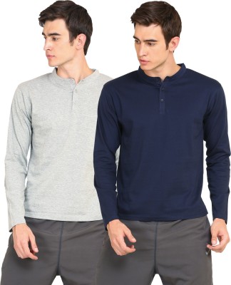 Ap'pulse Solid Men Mandarin Collar Grey, Navy Blue T-Shirt