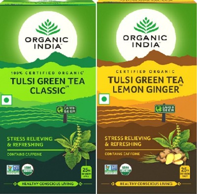 ORGANIC INDIA Combo Tulsi Green Tea Classic 25 IB + Tulsi Green Tea Lemon Ginger 25 IB Green Tea Bags Box(2 x 50 g)
