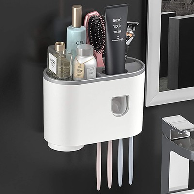Amulakh Automatic Toothpaste Dispenser Hands Free Toothpaste Holder Wall Mounted Toothpaste Set Magnetic Toothbrush Holder Squeezer Kit Dust-Proof Singal Slots Magnetic Cosmetic Organizer Magnetic Plastic Toothbrush Holder(White, Wall Mount)