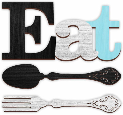 CVANU Wooden Laser-Cut Eat Spoon Fork for Home Kitchen Wall Decorative Plaque_CV04 Pack of 3(23.8 cm X 70 cm, Black)