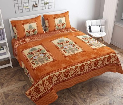 Skytex 120 TC Polyester Double Floral Flat Bedsheet(Pack of 1, Orange, beige)