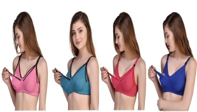 Desiprime Poly Cotton B Cup Feeding Bra Set of 4 Women Maternity/Nursing Non Padded Bra(Pink, Green, Red, Blue)