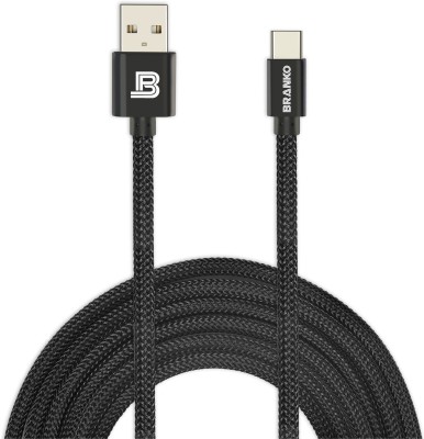 Branko USB Type C Cable 2 A 1.5 m Military Grade Nylon Mesh Shielding Indestructible Type C Charging And Data Cable(Compatible with All Phones With Type C port, Black, One Cable)
