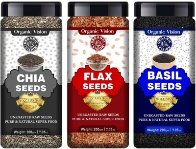 Organic Vision Combo Pack of Raw Chia Seeds, Brown Flax Seeds, Basil Seeds for weight loss, Healthy Heart and Boost Immunity seed for Eating Chia Seeds, Brown Flax Seeds, Basil Seeds(600 g, Pack of 3)