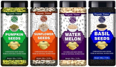 Organic Vision Combo Value Pack of Raw Pumpkin Seeds, Sunflower Seeds, Watermelon Seeds, Basil Seeds (Super Food) Pumpkin Seeds, Sunflower Seeds, Watermelon Seeds, Basil Seeds(650 g, Pack of 4)