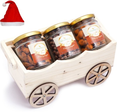 Ghasitaram Gifts Christmas Gifts-Natural Wooden Cart with Chocolate Coated Butterscotch, Crunchy Coated Cashews and Peri Peri Almonds Jars Combo(1 Wooden Cart, Chocolate Coated Butterscotch (120 gms), Crunchy Coated Cashews (120 gms), Peri Peri Almonds (120 gms), 1 Santa Cap)