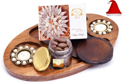 Ghasitaram Gifts Christmas-Chip n Dip Wooden Tray with T-lites, Coasters, Chocolate Almonds Jar and Kaju Katli Box Combo(2- T-lites, 2 Wooden Coasters, Chocolate Coated Almonds (120 gms), Pure Kaju Katlis (200 gms), 1 Wooden Platter, 1 Santa Cap)