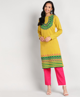 Anmi Floral Print Women Straight Kurta(Yellow)