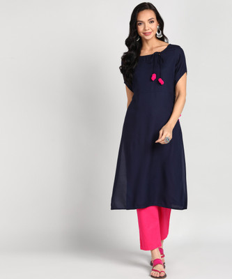 Anmi Solid Women Straight Kurta(Dark Blue)