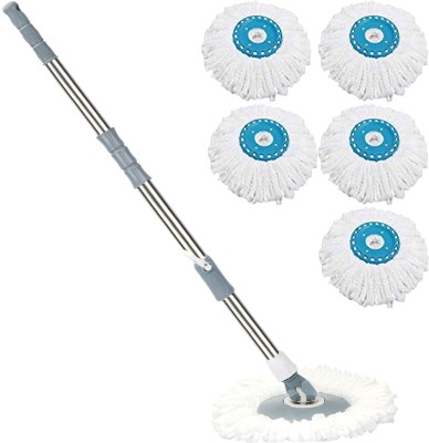 V-MOP Premium Classic Grey Mop Stick- Indian Biggest Mop Rod Set With 5 Microfiber Refill, Easy to fit for All Bucket Mops-( Made in India) String Mop(Steel)