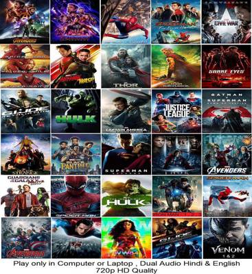 Avengers (all parts) , Spider-Man (all parts) , Iron Man (all parts) , Guardians of the Galaxy 1 & 2 , G.I. Joe (all parts) , Captain America 1 & 2 , Justice League , Dawn of Justice , Doctor Strange , Thor (all parts) , Superman returns , Man of steel , Incredible Hulk , Ant-man and The Wasp , Wonder Woman 1984 , Black Panther , Venom 1 & 2 (36 Movies Name in the Description ) in Hindi & English Play only in Computer or Laptop it's DURN DATA DVD not original without poster HD Print quality