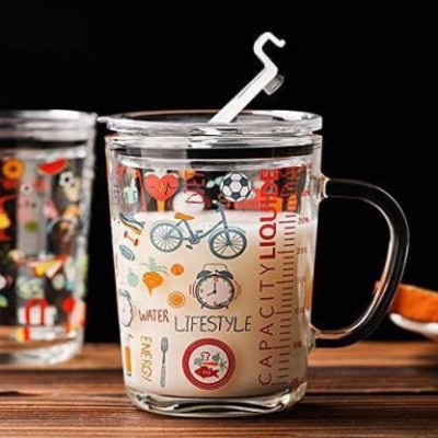 KREYANA Glass Tumbler with Lid and Silicon Straw Coffee Tea Cup Travel Smoothies Fruit Juice Bottle for Home and Office Milk Thick Shake for Kids Juice Cartoon Printed Design Glass Drinking(Random Design)( 350ML 1Piece) Glass Coffee Mug(350 ml)