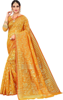 FluteFashion Self Design Jamdani Cotton Blend Saree(Mustard)