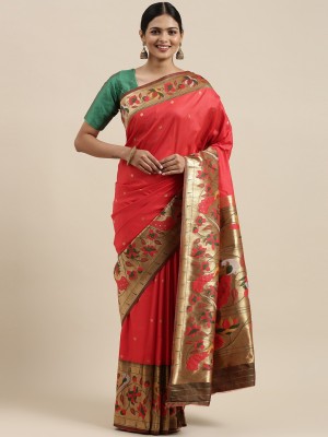 pandadi Woven Paithani Pure Silk Saree(Red)