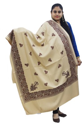 KAVIM Polyester Wool Blend Floral Print Women Shawl(Beige)