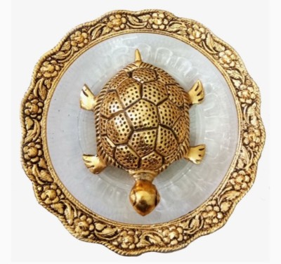 Shubh Traders Metal Tortoise with Plate Decorative Showpiece  -  14 cm(Metal, Gold, White)
