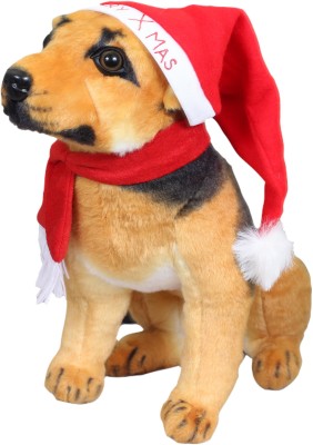 Tickles Soft Stuffed Plush Animal German Shephard Dog With Christmas Santa Cap And Muffler Toy For Kids Room Home Decoration  - 30 cm(Brown)