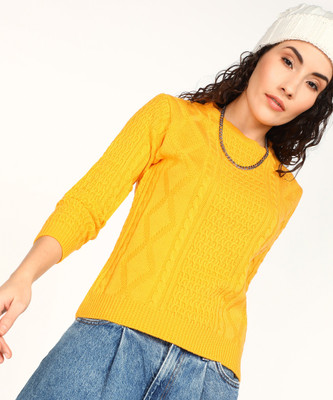 KILLER Self Design Round Neck Casual Women Yellow Sweater