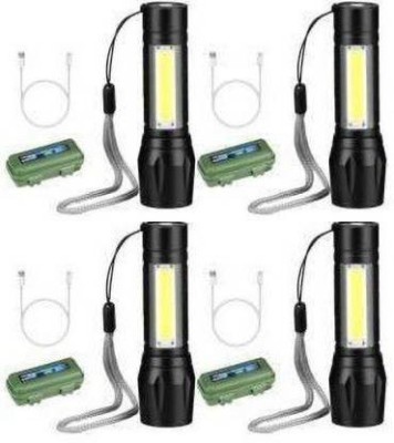 zm store (Pack of 4) USB Rechargeable Torchlight Super Bright Pocket Zoom COB USB Charging Torch Led Flashlight Water Proof Torch, Adjustable Zoom in zoom out light function Torch Emergency Light (Black) Torch(Black, 10 cm, Rechargeable)