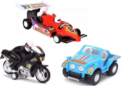 Joy Stories Pull Back Toys for Kids / Sports Car, Racer Bike, Off Road Jeep - Set of 3, Assorted Colours(Multicolor, Pack of: 1)