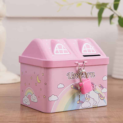 MSN UNCORN PRINTED |HUT SHAPE|METAL COIN BANK PIGGY BANK FOR KIDS WITH LOCK AND KEY Coin Bank(Pink)